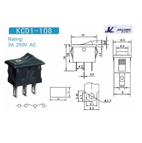 3A 250V AC KCD1-108 Rocker Switch